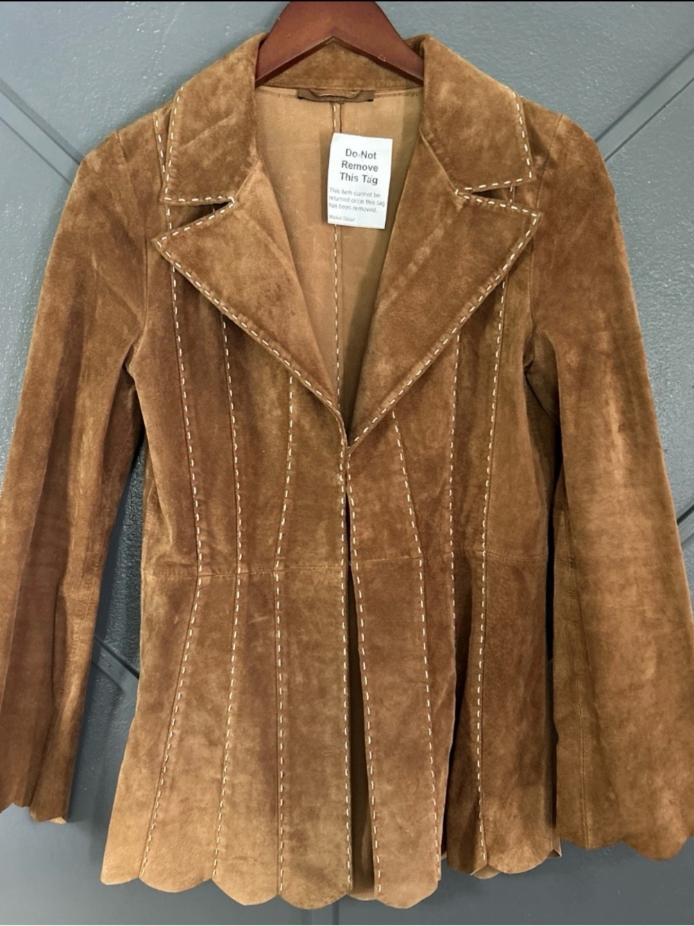 Vintage Brown Suede Scalloped Hem Women's Jacket White Stitching Hook/Eye